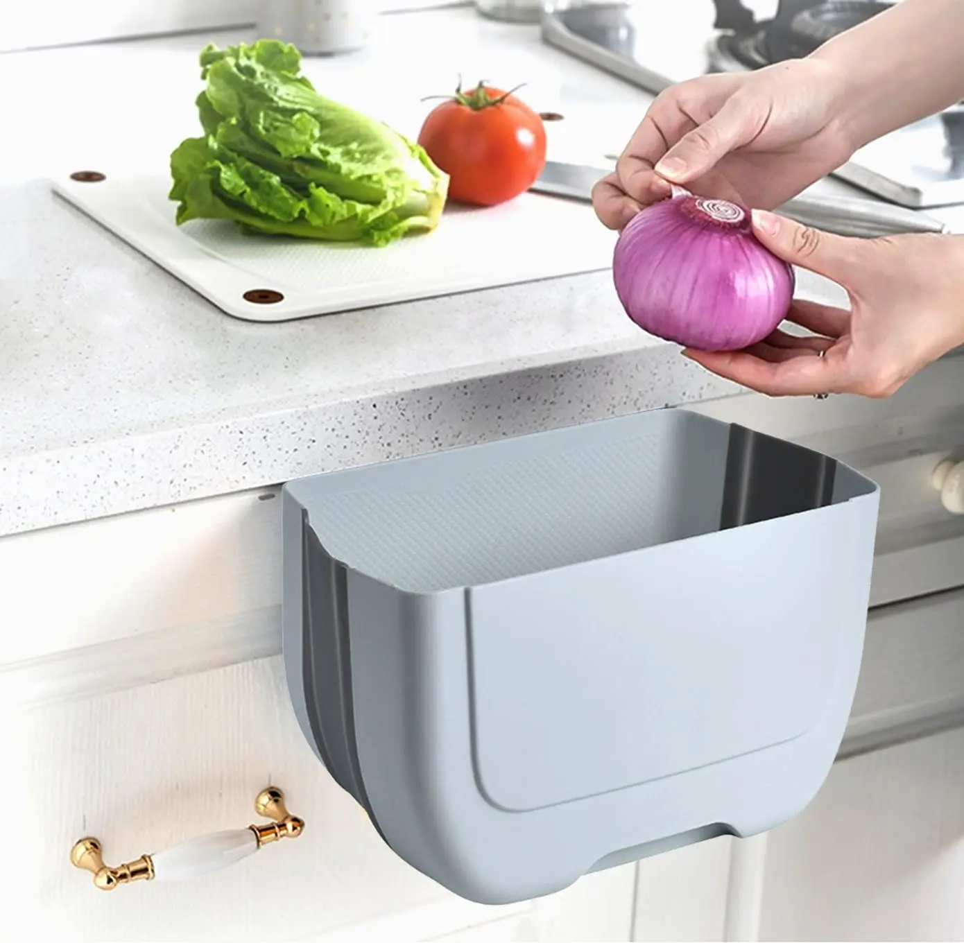 Mini Folding Trash Bin in a tidy kitchen organization setup