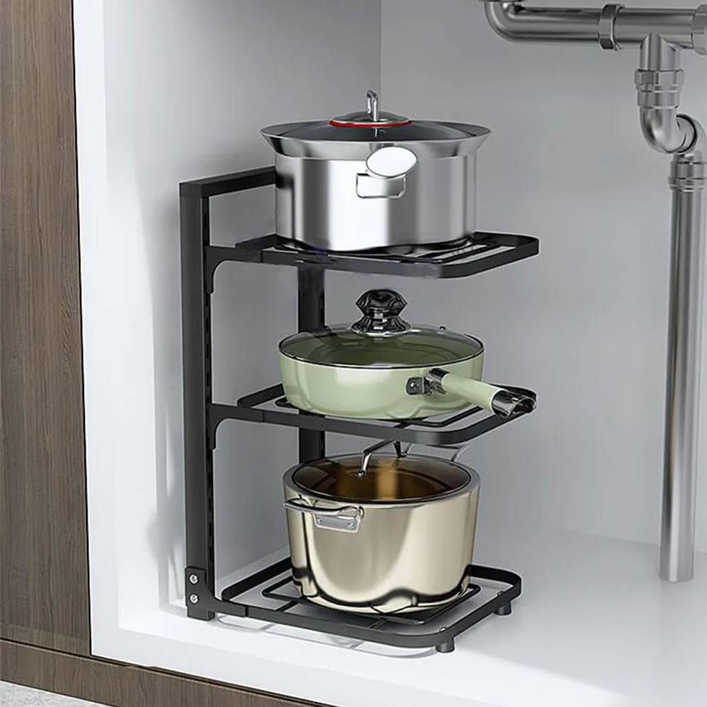 Adjustable Height Under-Sink Rack in a tidy kitchen organization setup