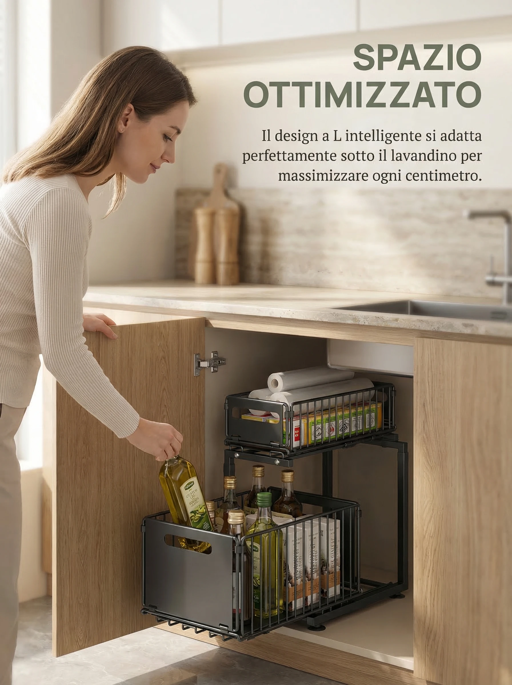 L-Shaped Under-Sink Organizer in a tidy kitchen organization setup