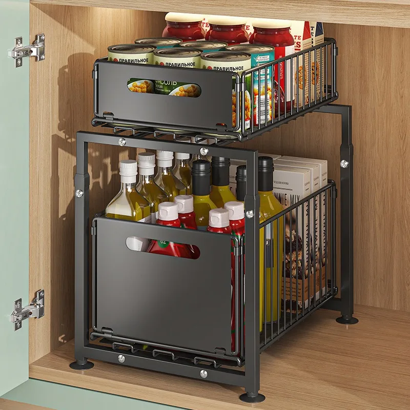 Pull-Out Under-Sink Shelf in a tidy kitchen organization setup